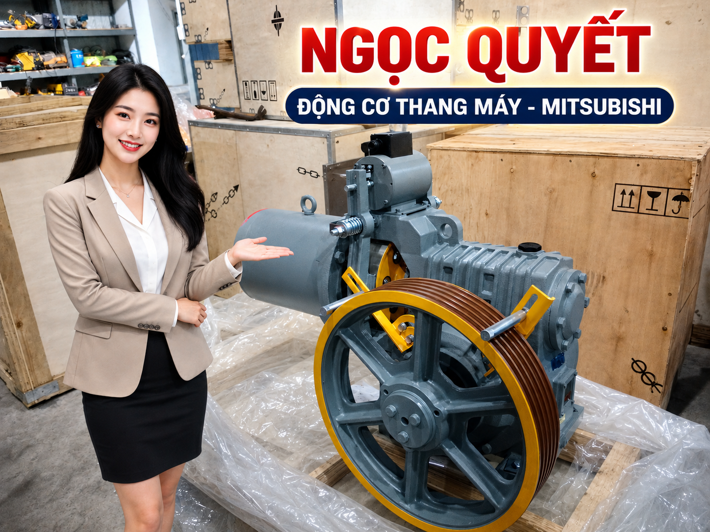 Động cơ thang máy Mitsubishi Ngọc Quyết trưng bày trong kho, nhân viên nữ giới thiệu sản phẩm